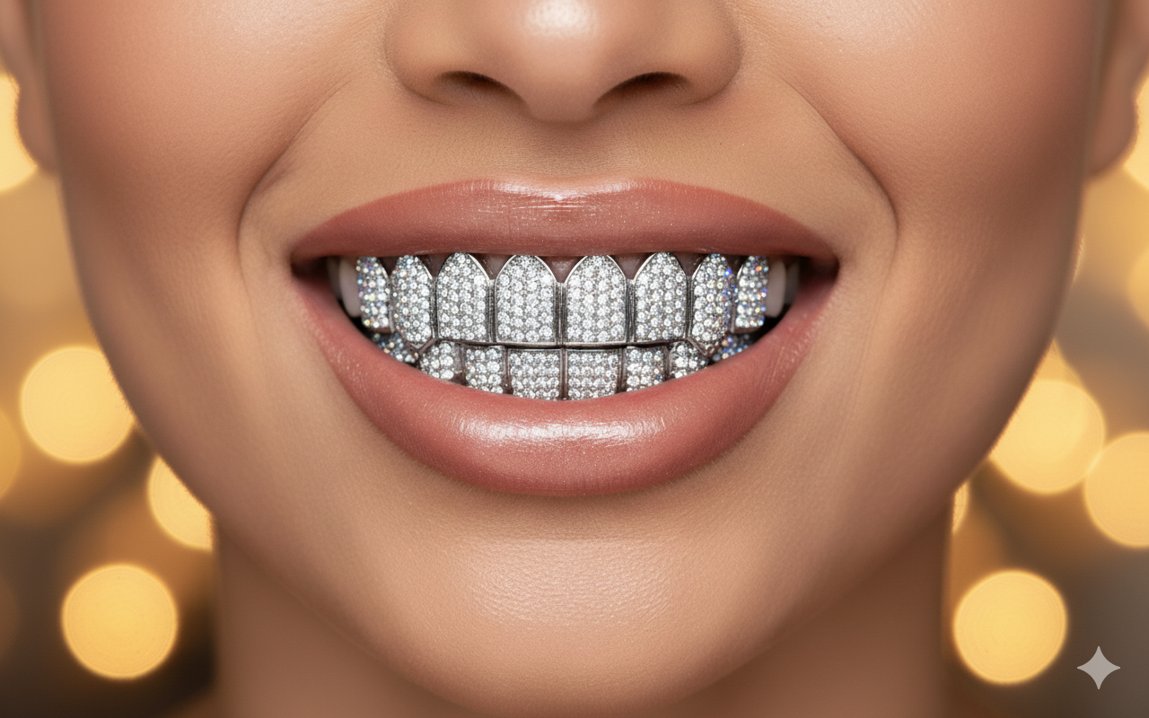 Shiny Cubic Top & Bottom Charm Grills Set For Halloween Party