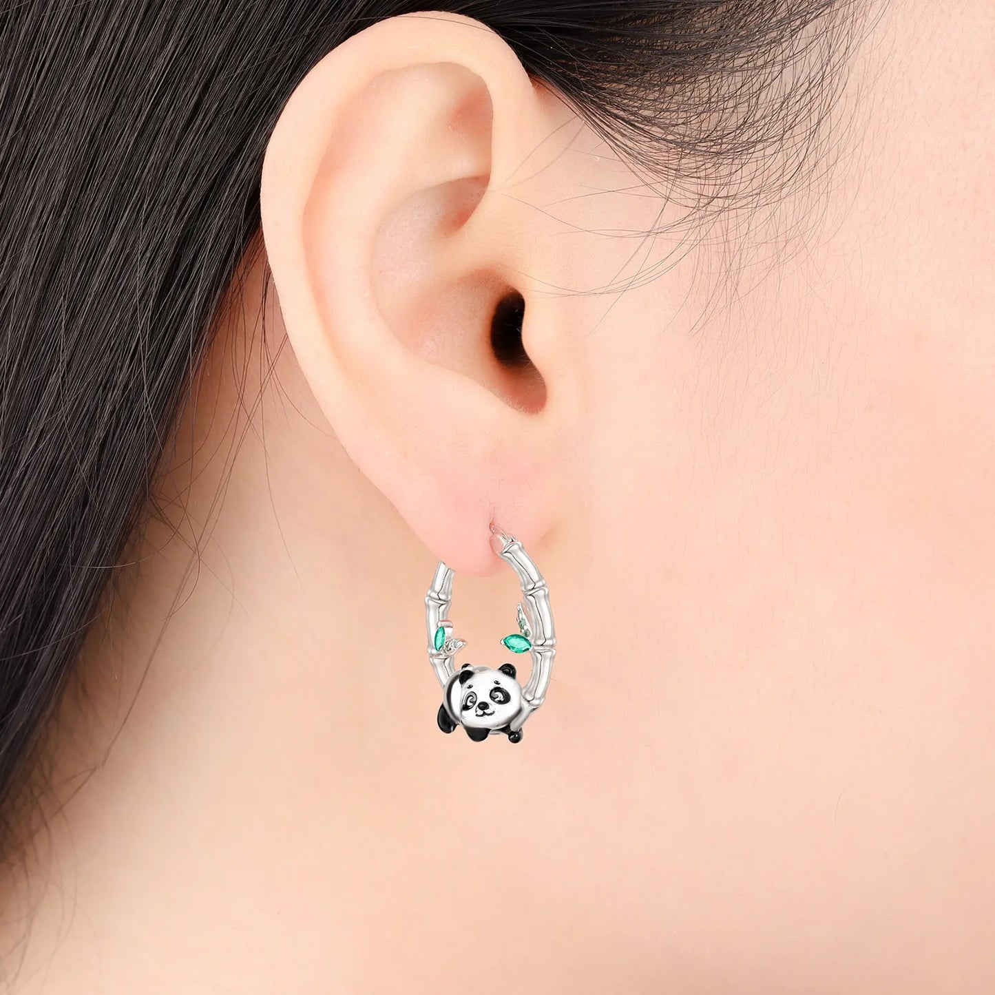 🐼💎 925 Sterling Silver Panda Hoop Earrings – Bamboo & Crystal Detail