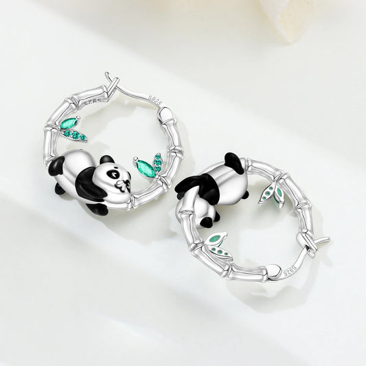 🐼💎 925 Sterling Silver Panda Hoop Earrings – Bamboo & Crystal Detail
