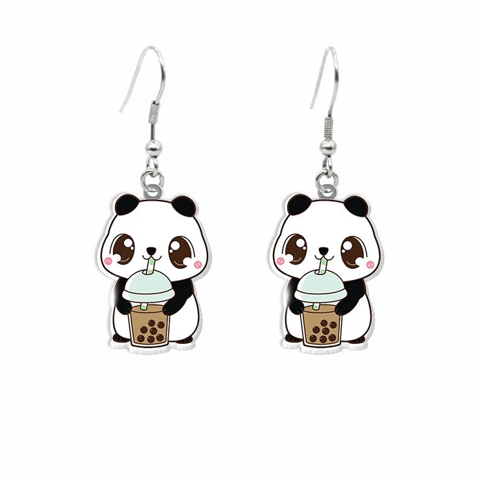 🐼🧋 Panda Boba Earrings – Cute Bubble Tea Dangle Earrings