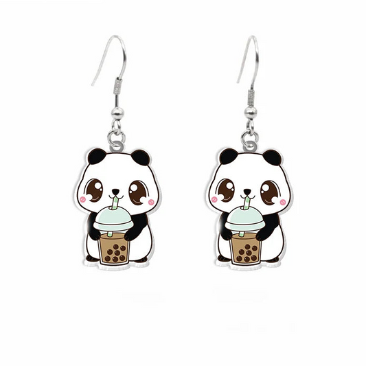 🐼🧋 Panda Boba Earrings – Cute Bubble Tea Dangle Earrings