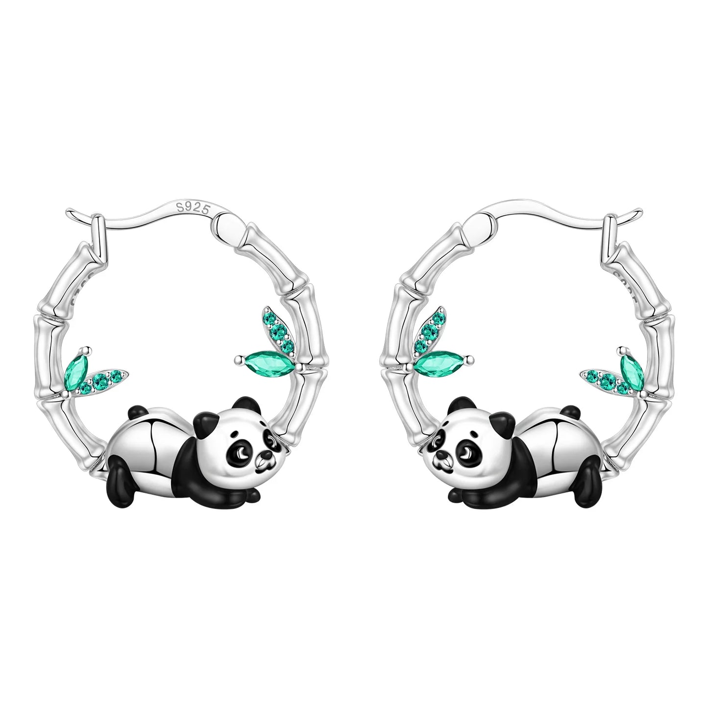 🐼💎 925 Sterling Silver Panda Hoop Earrings – Bamboo & Crystal Detail