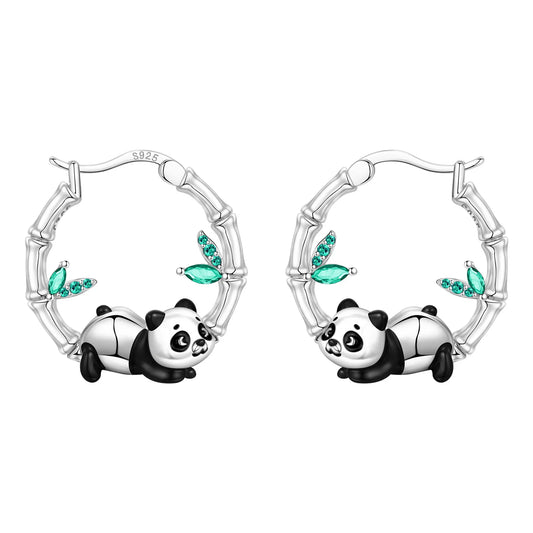 🐼💎 925 Sterling Silver Panda Hoop Earrings – Bamboo & Crystal Detail
