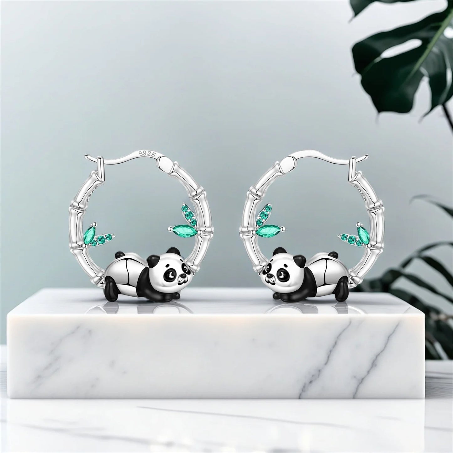 🐼💎 925 Sterling Silver Panda Hoop Earrings – Bamboo & Crystal Detail